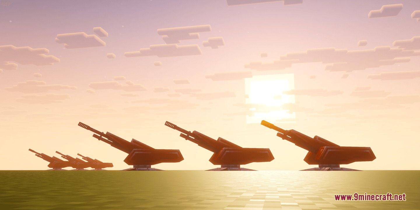 Witheria Mod Screenshot 3 A row of red robotic mortars standing on a field at sunset