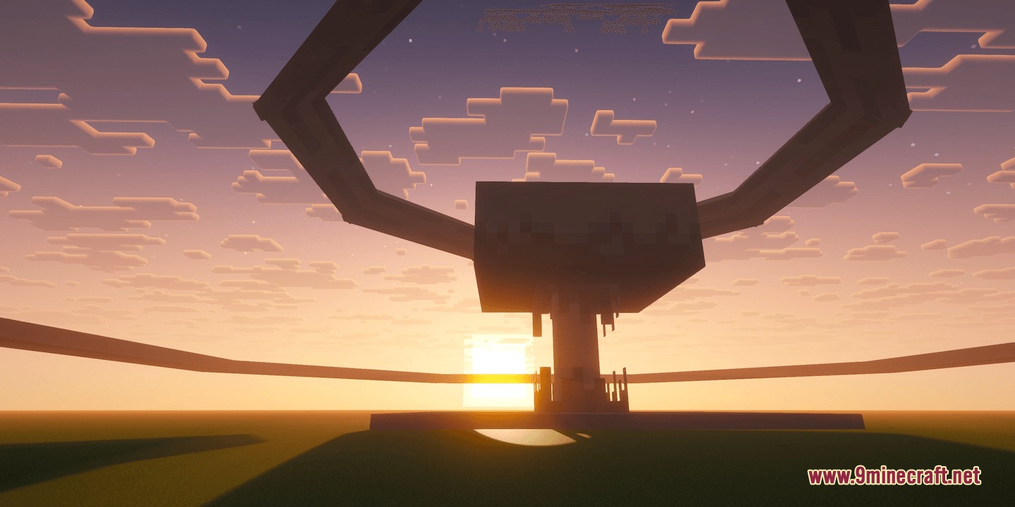 Witheria Mod Screenshot 4 A massive robotic boss standing tall during a beautiful Minecraft sunset