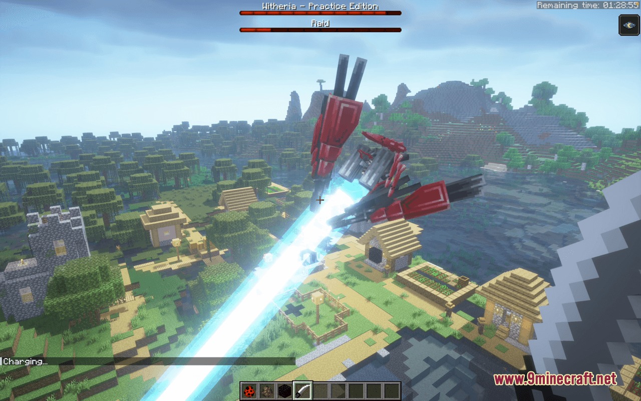 Witheria Mod Screenshot 5 The Witheria boss fires a massive blue energy beam over a village