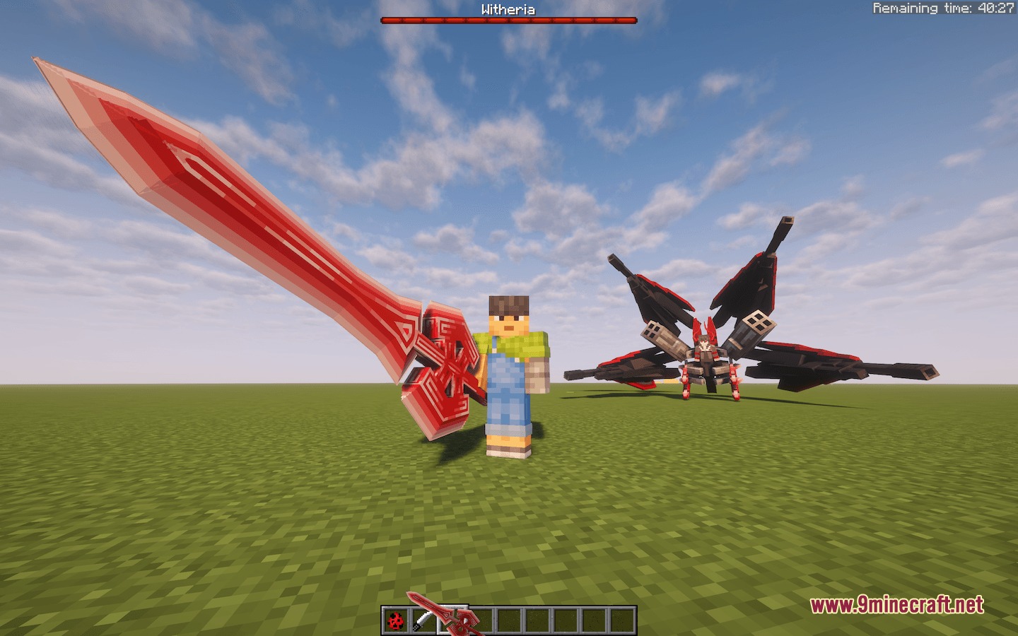Witheria Mod Screenshot 6 A player holds the powerful red Slasher sword next to the robotic boss