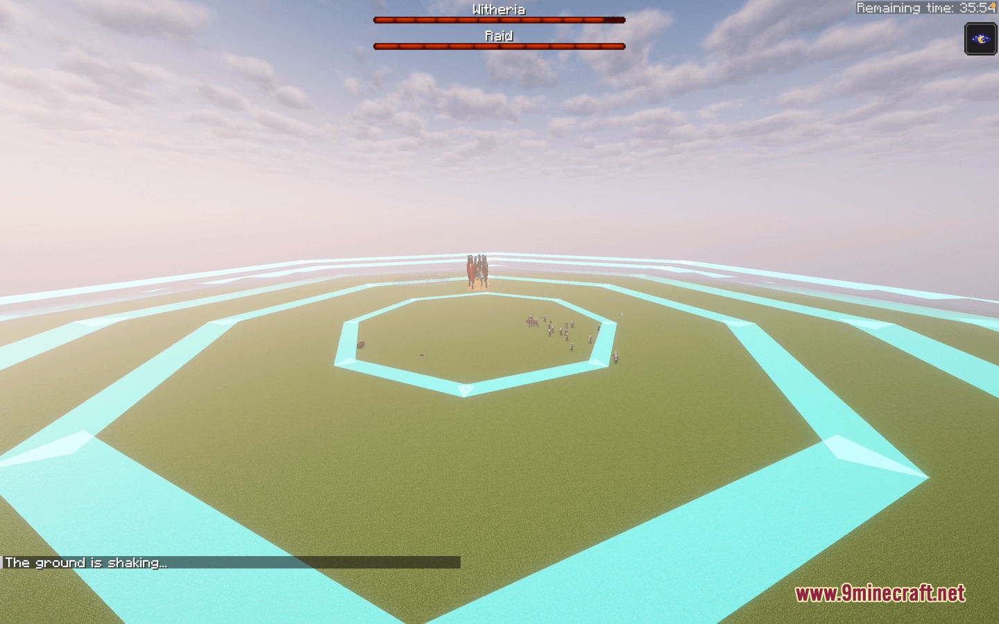 Witheria Mod Screenshot 7 A glowing blue hexagonal arena marks the start of a robotic boss raid