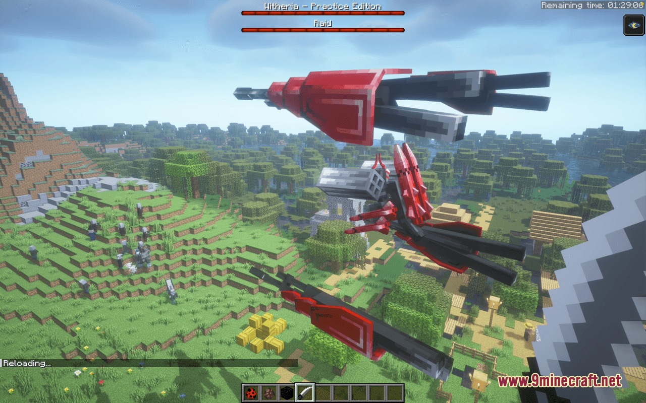 Witheria Mod Screenshot 8 The player confronts a giant red flying machine boss over a forest village