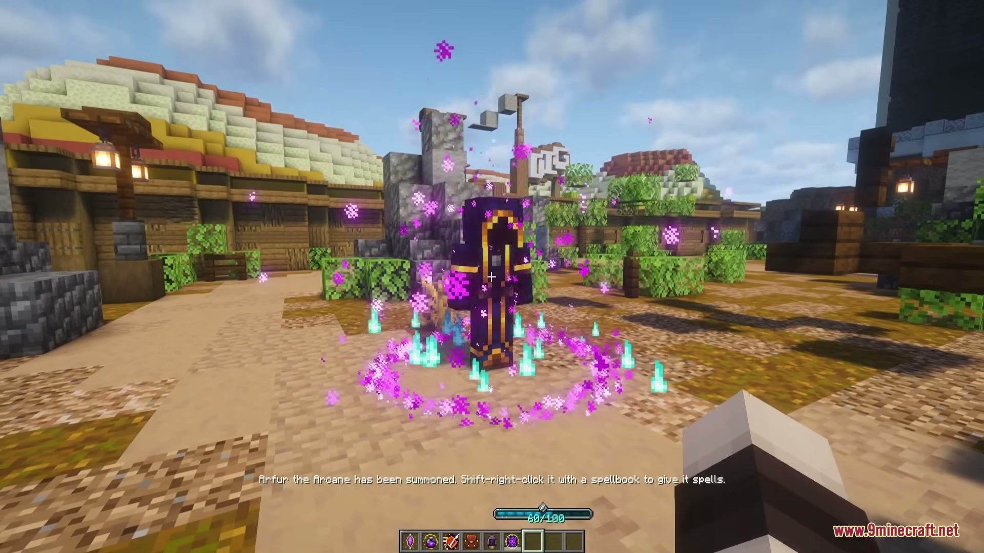 Wizard Companion Iron's Spells 'n Spellbooks Addon Mod Screenshot 1 A wizard companion is summoned with purple particles and blue flames