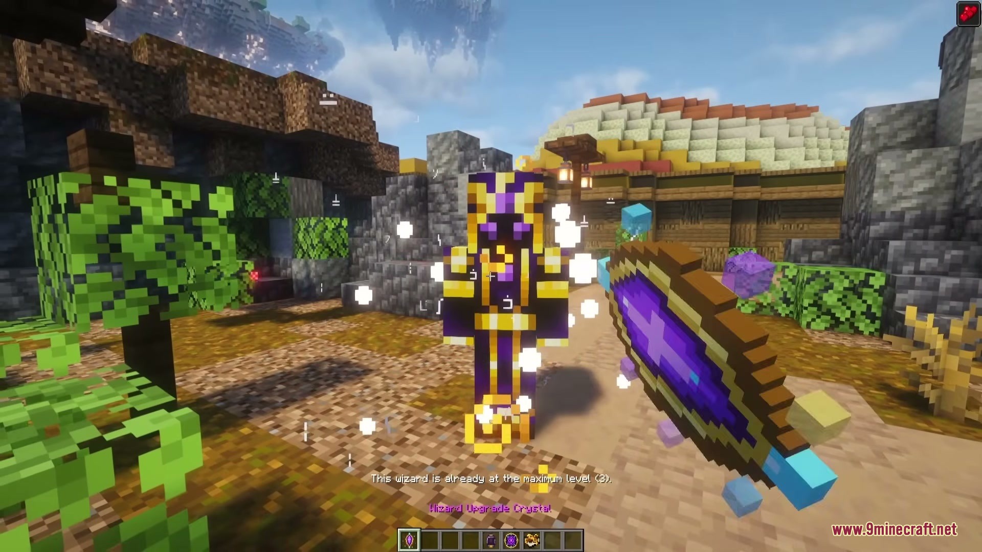 Wizard Companion Iron's Spells 'n Spellbooks Addon Mod Screenshot 3 A player uses a magical crystal to upgrade a wizard in the forest