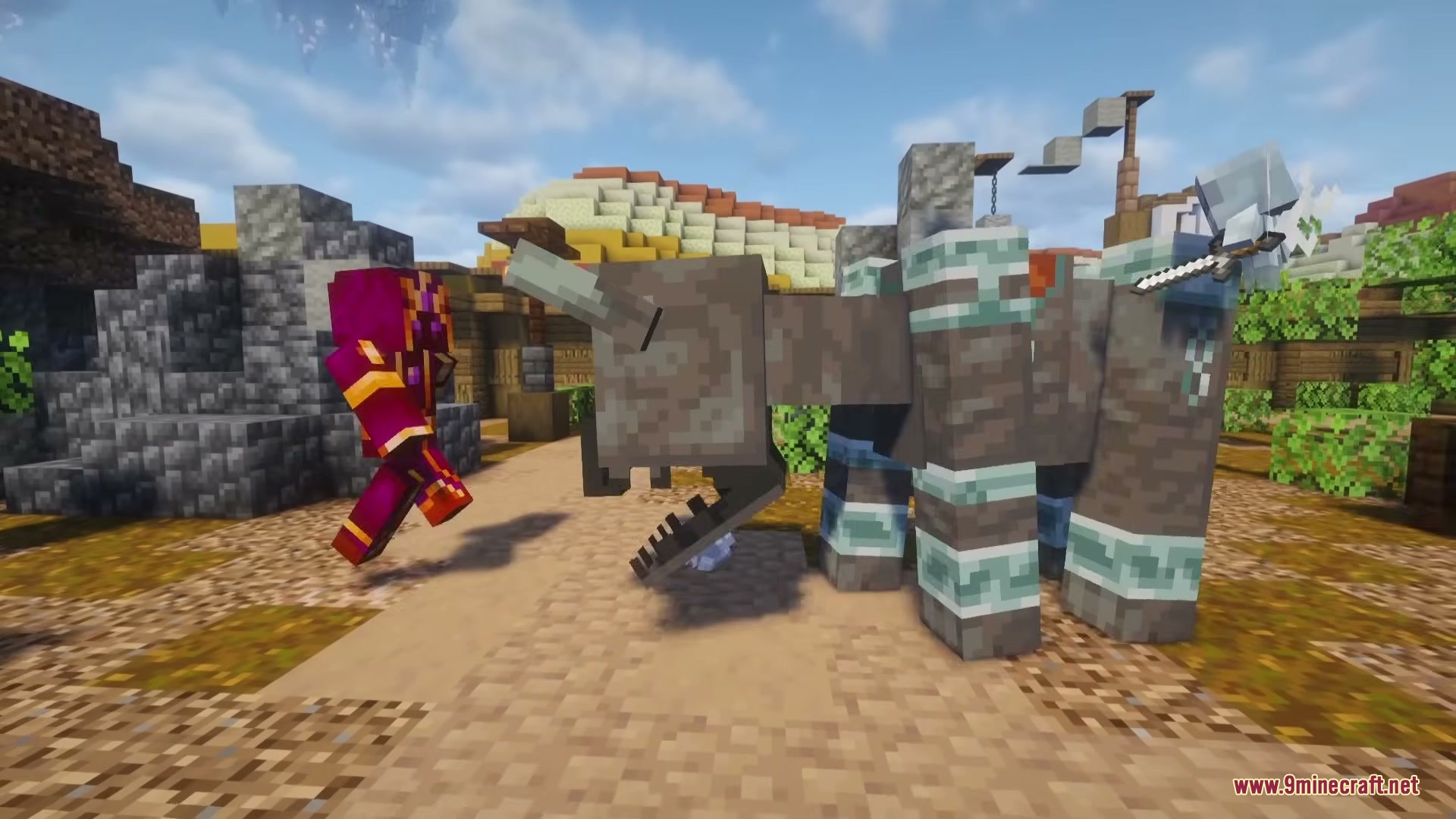 Wizard Companion Iron's Spells 'n Spellbooks Addon Mod Screenshot 6 Armored player stands beside a large grey beast with light blue markings