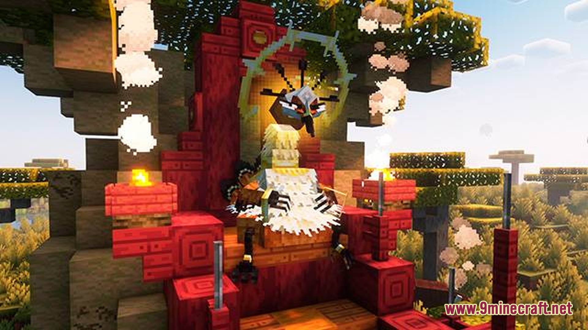 A large bird-like boss mob sits on a red wooden throne within a savanna biome