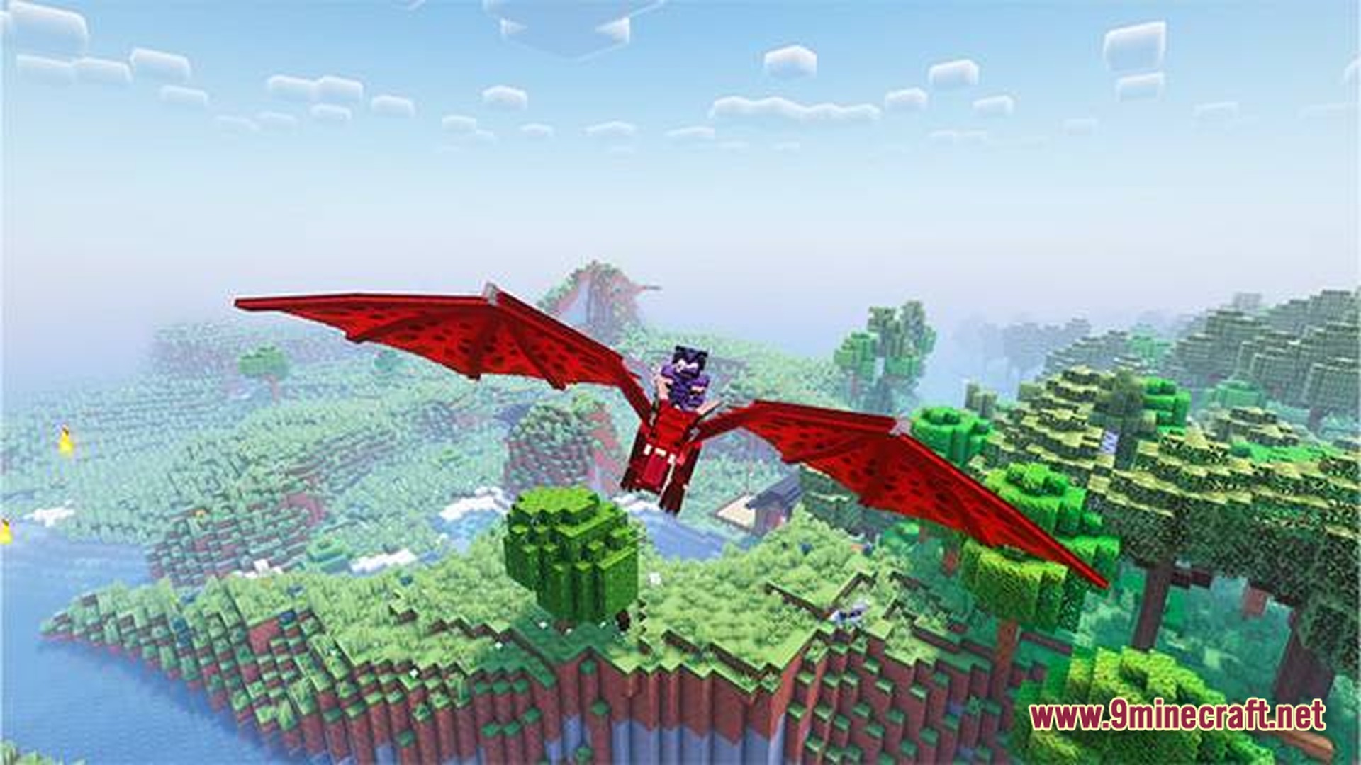 A player character flies a red dragon over a lush green forest biome with rolling hills