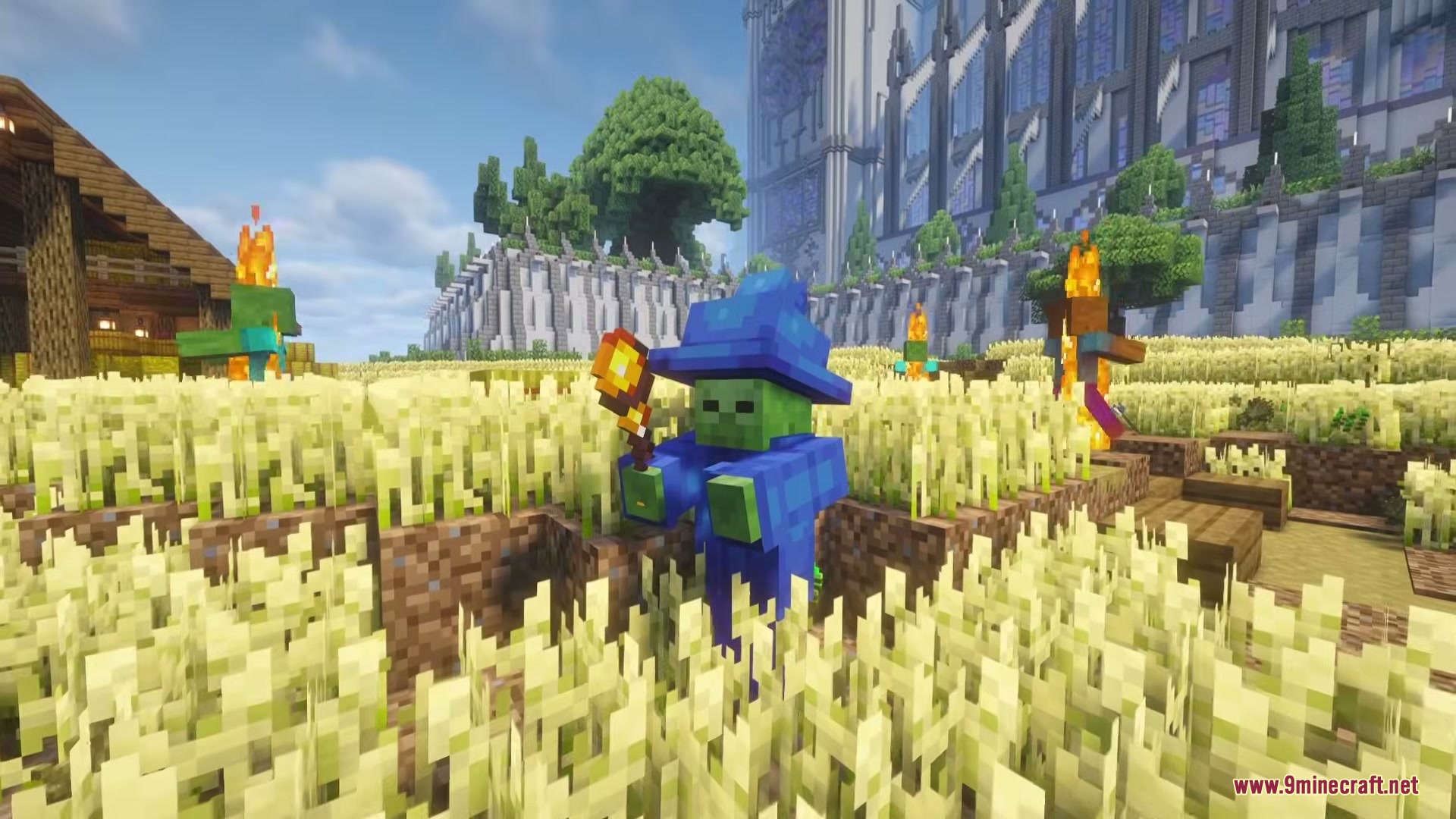 Wizard Mobs Mod Screenshot 4 Zombie wizard holding a glowing wand while standing in a wheat field