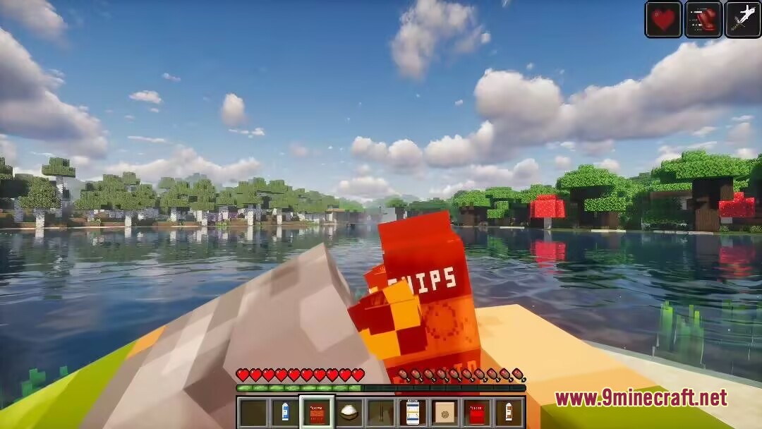 Wok and Blade Mod Screenshot 1 A player holding a red bag of chips while sitting in a boat