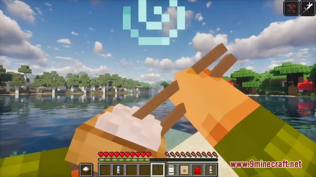 Wok and Blade Mod Screenshot 3 A Minecraft player holding a rice bowl and using chopsticks to eat