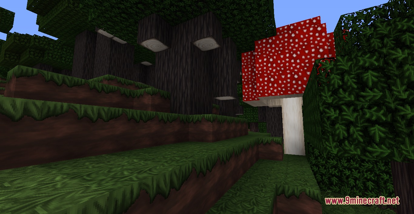 Wolfhound Classic Medieval Resource Pack Screenshot 1 A giant red mushroom stands next to dark trees in a forest biome