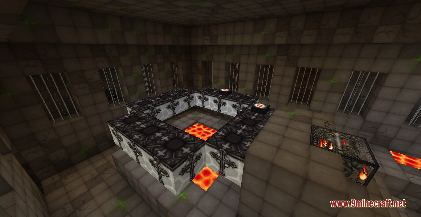 Wolfhound Classic Medieval Resource Pack Screenshot 3 Dark medieval dungeon room featuring stone carvings and lava pits