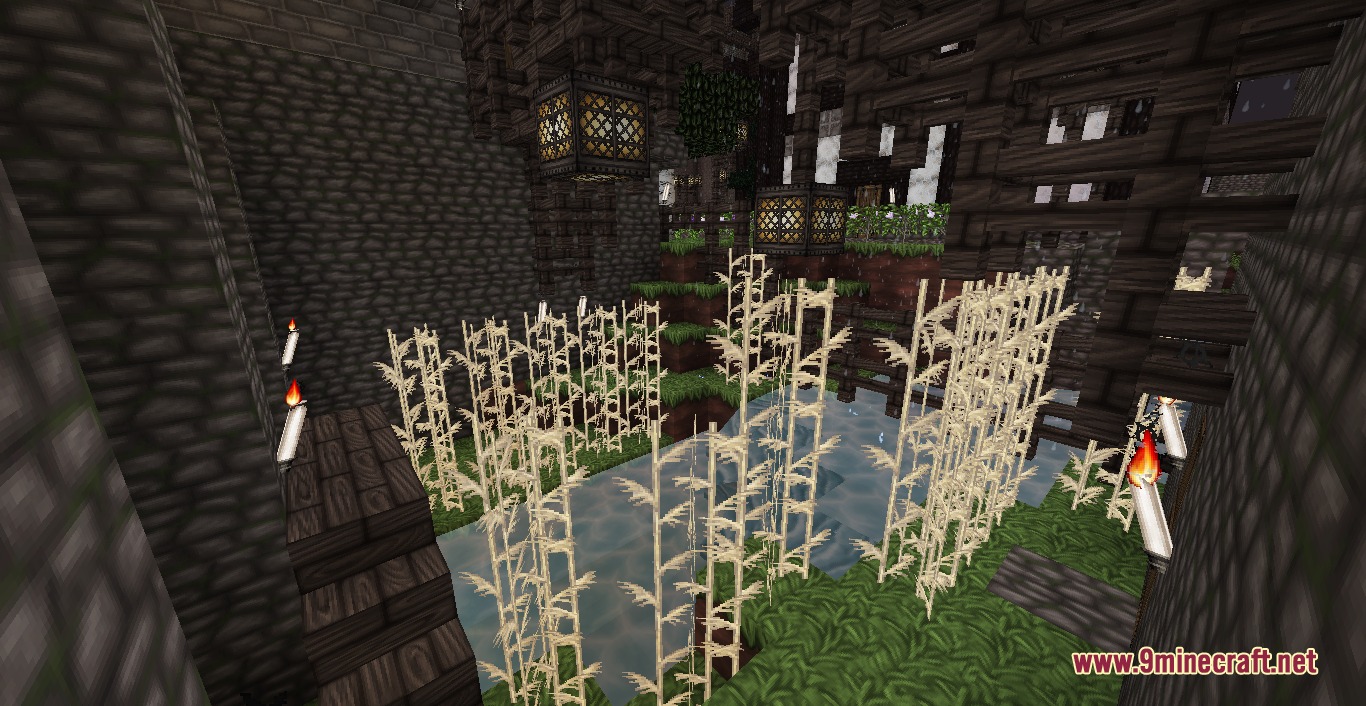 Wolfhound Classic Medieval Resource Pack Screenshot 5 Tall reeds growing in a pond within a dark medieval stone building