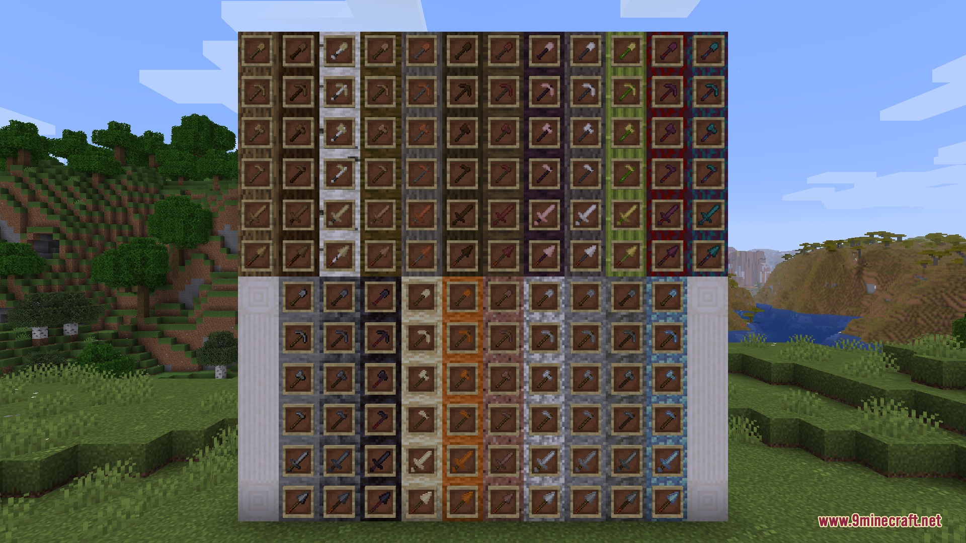 Wooden and Stone Type Tools Resource Pack Screenshot 1 Display of many different wooden and stone tool variants in item frames