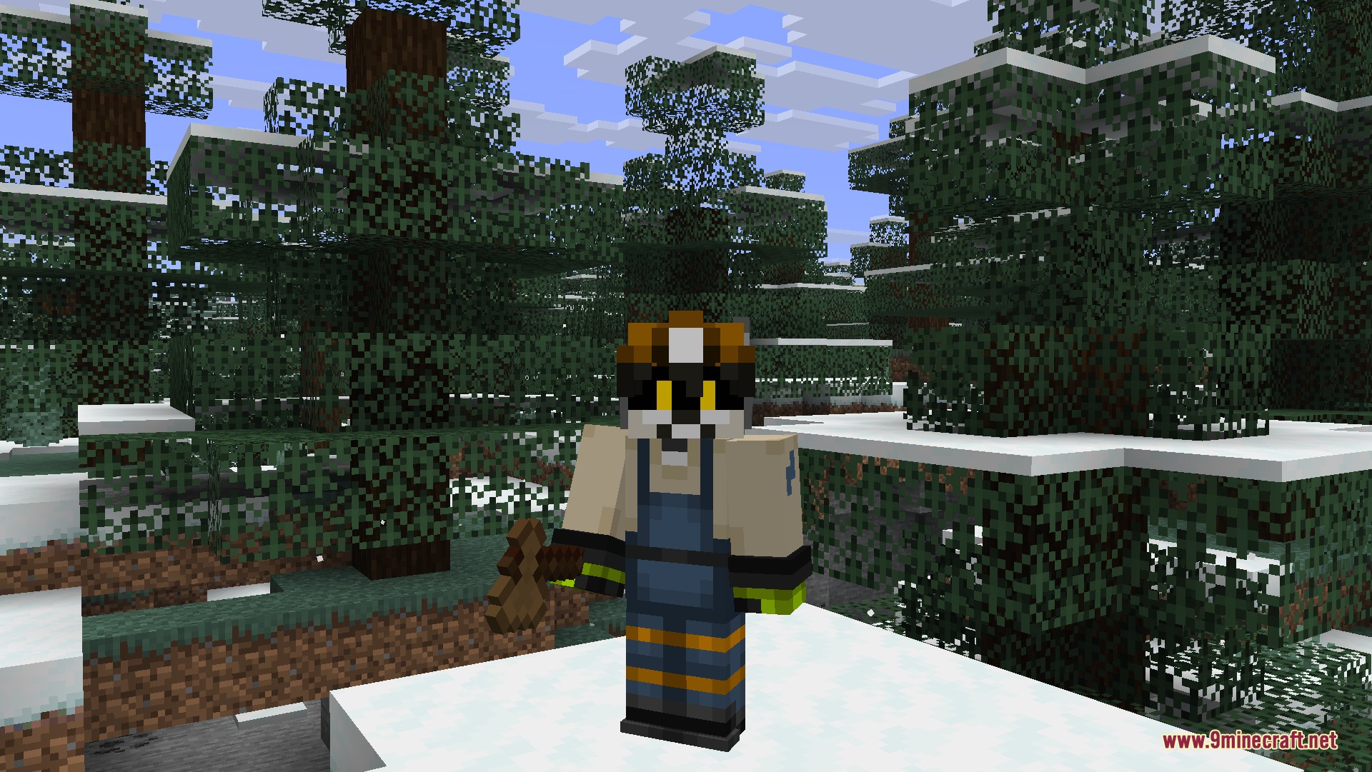 Wooden and Stone Type Tools Resource Pack Screenshot 3 Player holding a custom spruce wooden axe in a snowy spruce forest