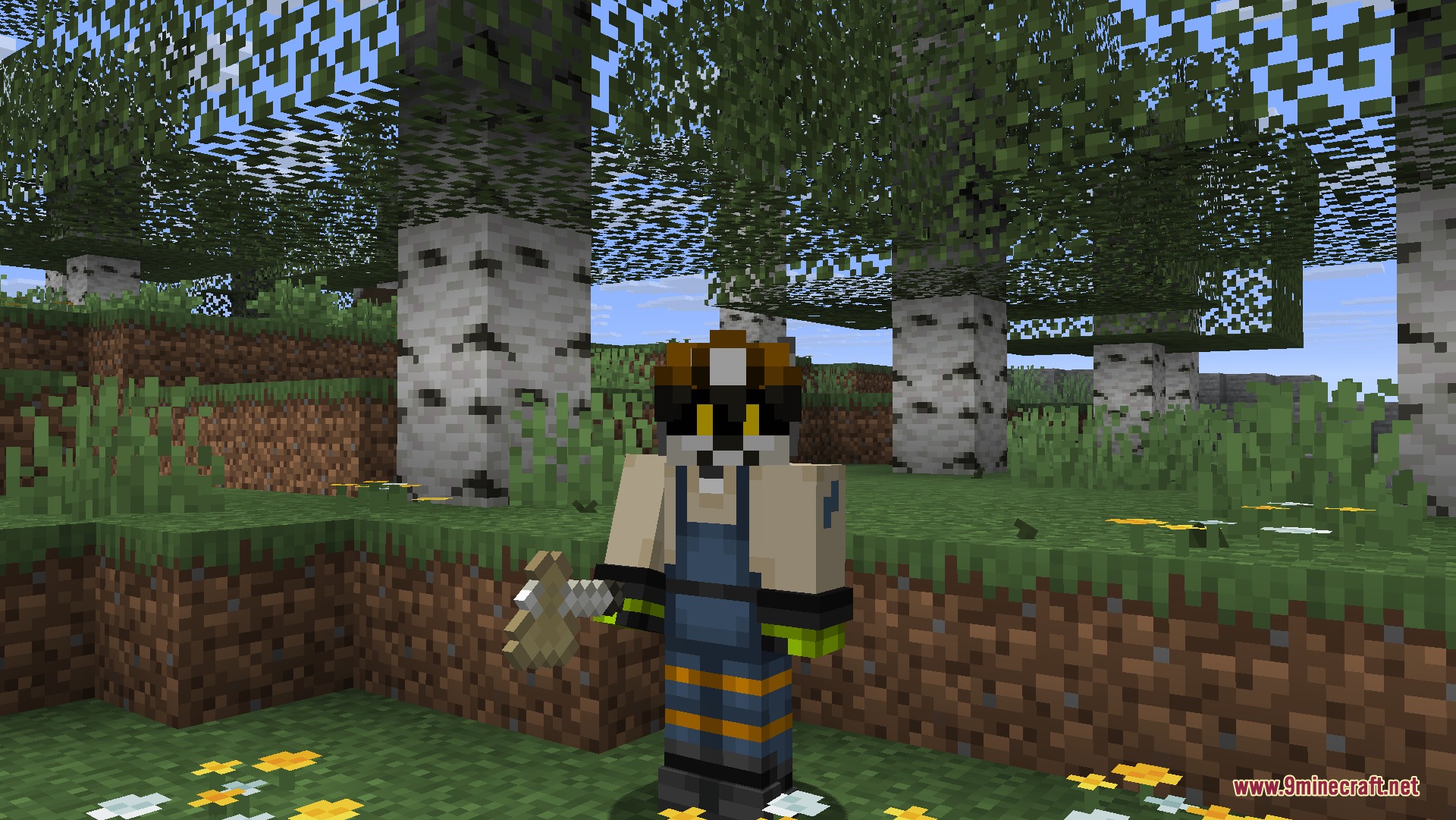 Wooden and Stone Type Tools Resource Pack Screenshot 4 Player holding a custom birch wooden axe in a birch forest biome