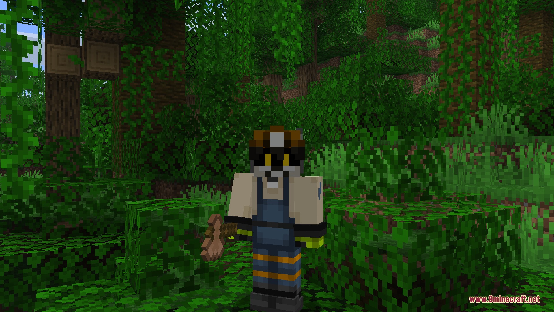 Wooden and Stone Type Tools Resource Pack Screenshot 5 Minecraft player holding a custom jungle wood axe in a dense jungle biome