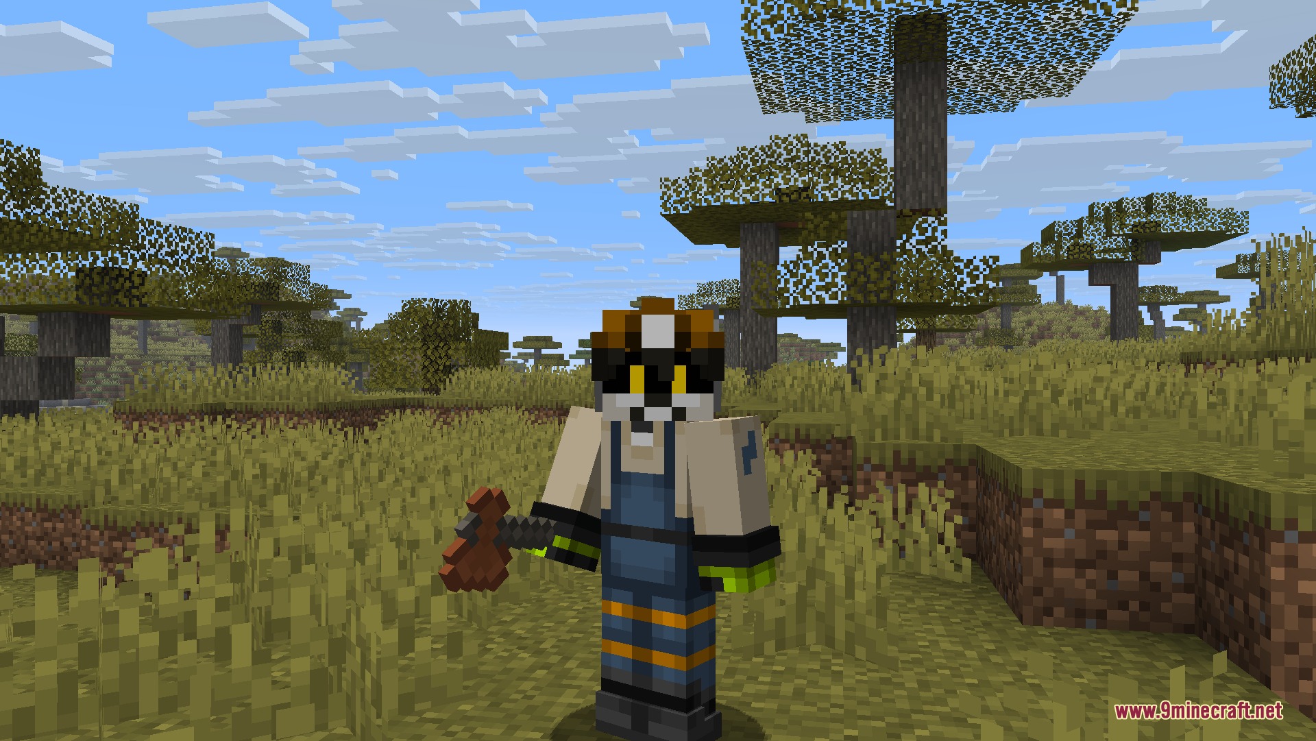 Wooden and Stone Type Tools Resource Pack Screenshot 6 Minecraft player holding a custom acacia wood axe in a sunny savanna biome