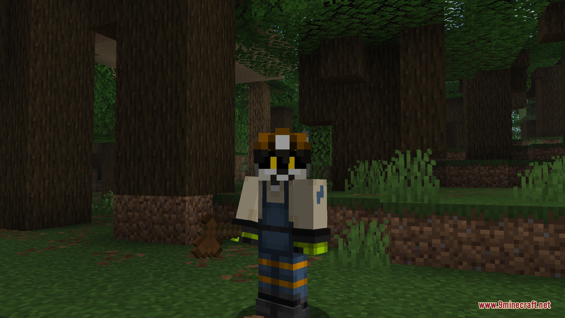 Wooden and Stone Type Tools Resource Pack Screenshot 7 A Minecraft character standing in a dark oak forest with custom tools