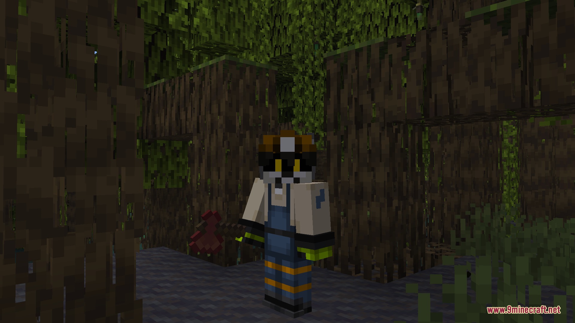 Wooden and Stone Type Tools Resource Pack Screenshot 8 A player character holding a custom mangrove wood axe in a swamp