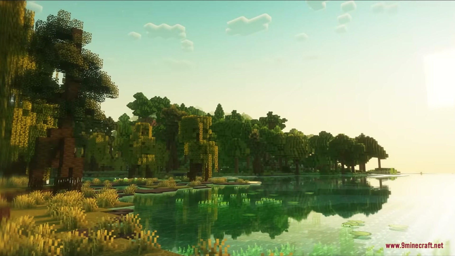 Woodlands the Core Mod Screenshot 10 Scenic lakeside view with custom trees and lily pads under a bright sun