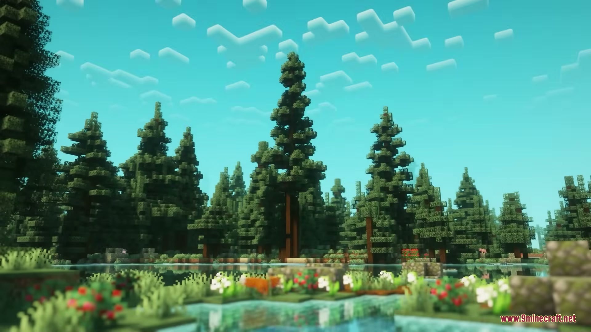 Woodlands the Core Mod Screenshot 4 Tall spruce trees and red flowers surround a peaceful lake in the wilderness