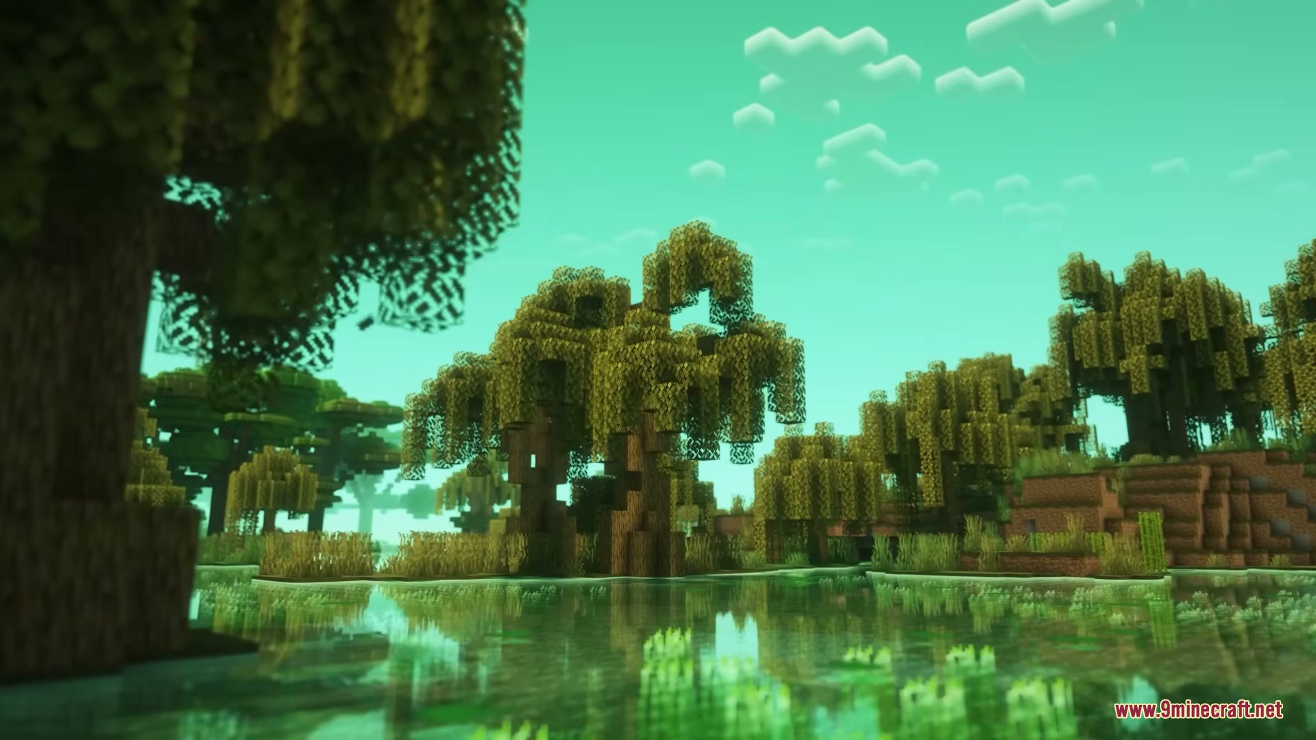 Woodlands the Core Mod Screenshot 6 Lush willow trees stand in a swamp biome with a green tinted sky