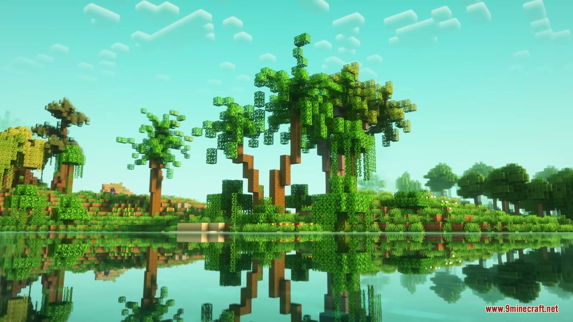 Woodlands the Core Mod Screenshot 7 Scenic Minecraft landscape with palm trees reflecting on a calm lake surface