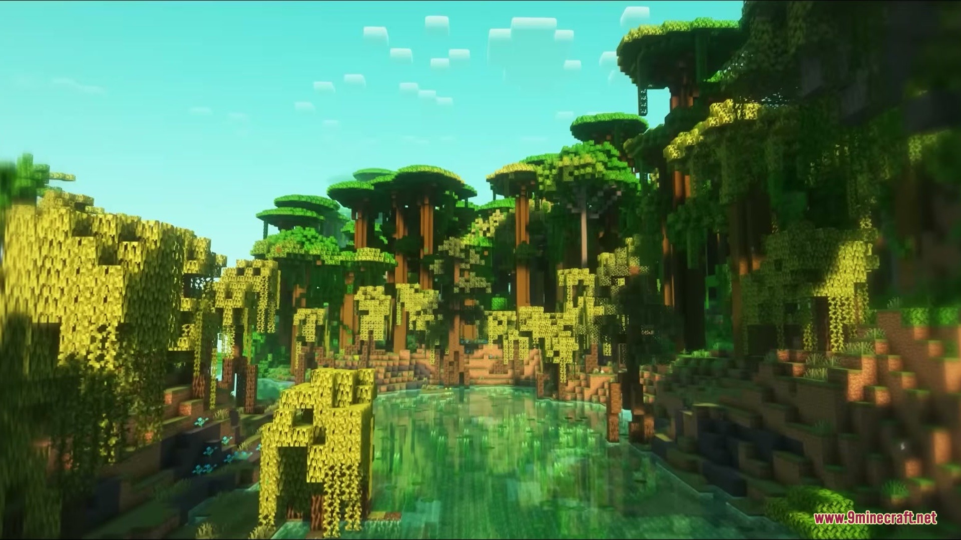 Woodlands the Core Mod Screenshot 9 Detailed swamp biome with tall custom trees and vines over a clear river