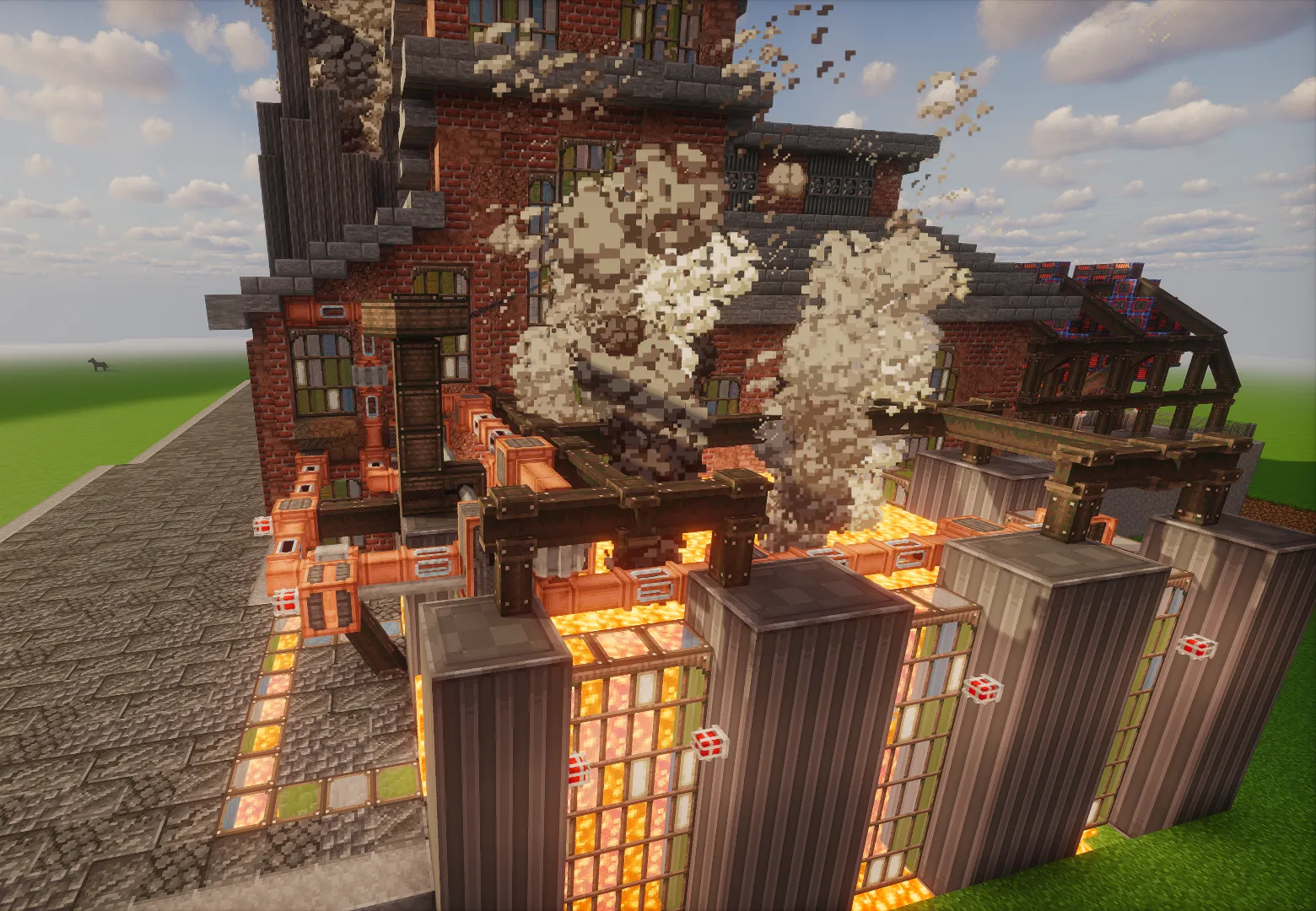 Workshop Factory Building Schematic Screenshots 2 Large brick workshop with industrial pipes and smoke rising from the machinery