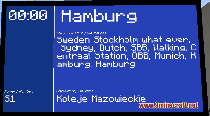 World PIDS Pack MTR 4 JCM Resource Pack Screenshot 2 Blue electronic display board showing international train routes and operator details