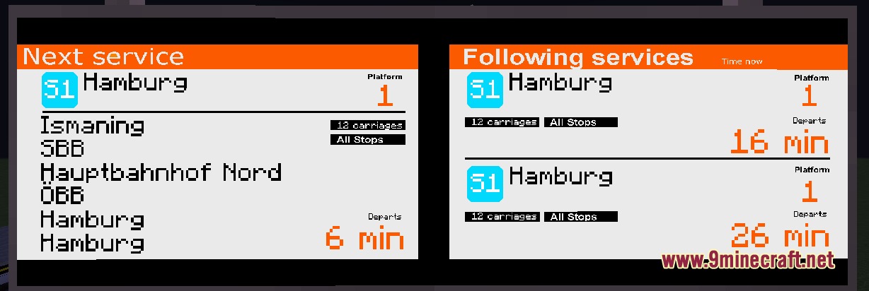 World PIDS Pack MTR 4 JCM Resource Pack Screenshot 3 Digital train schedule board showing upcoming services to Hamburg on platform one