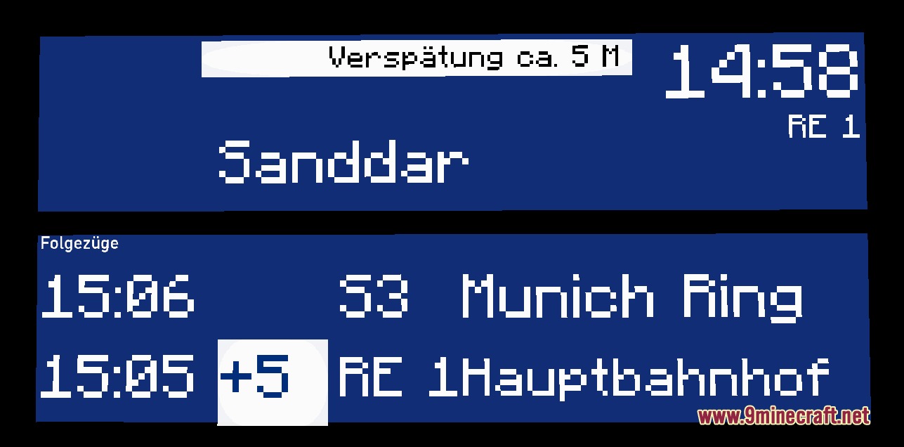 World PIDS Pack MTR 4 JCM Resource Pack Screenshot 6 A blue digital display board showing train arrival times and delay information