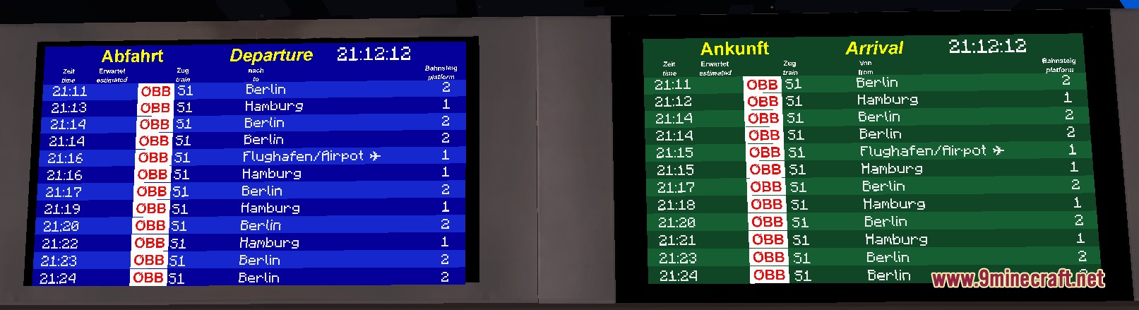 World PIDS Pack MTR 4 JCM Resource Pack Screenshot 8 Departure and arrival boards listing train schedules for various European cities