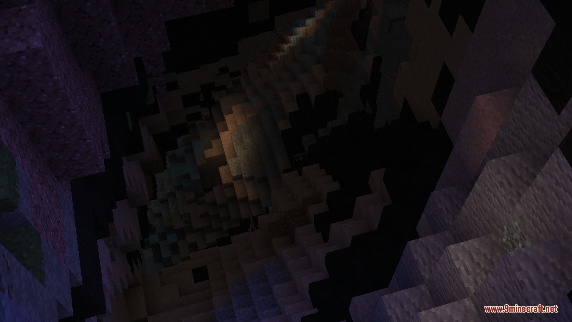 A deep underground ravine showing realistic geological layers and dark stone formations