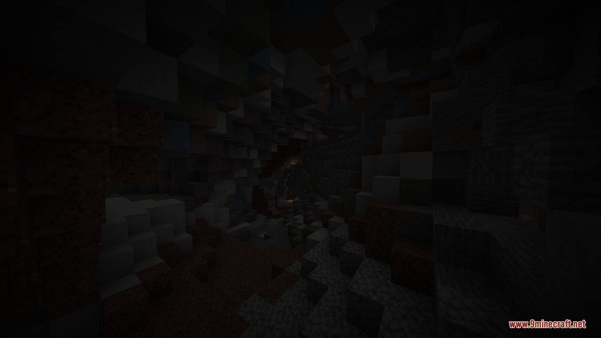 A dark cave interior with many stalactites and realistic stone block layers