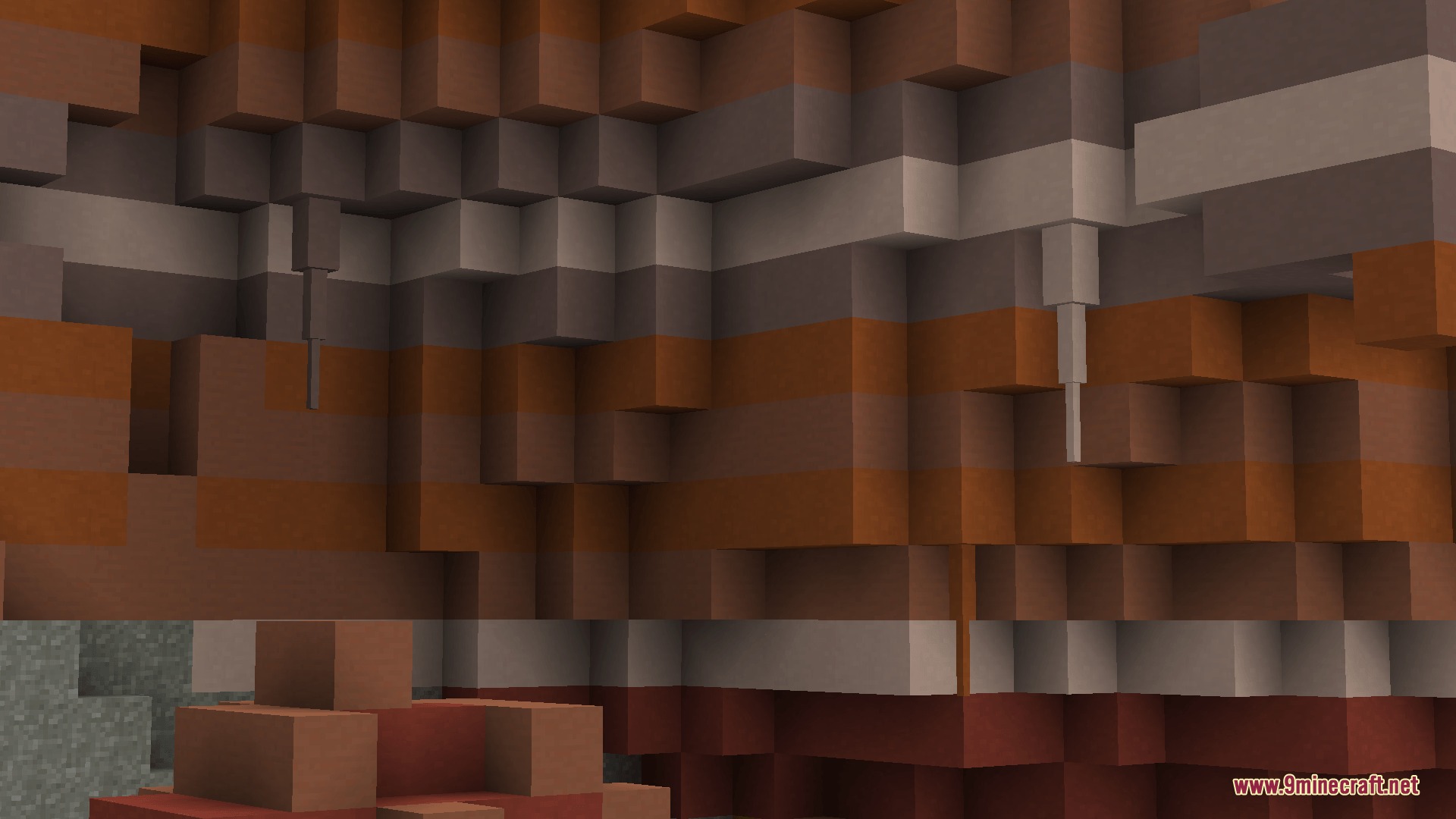 Close up of realistic geological stone layers with small hanging stalactites