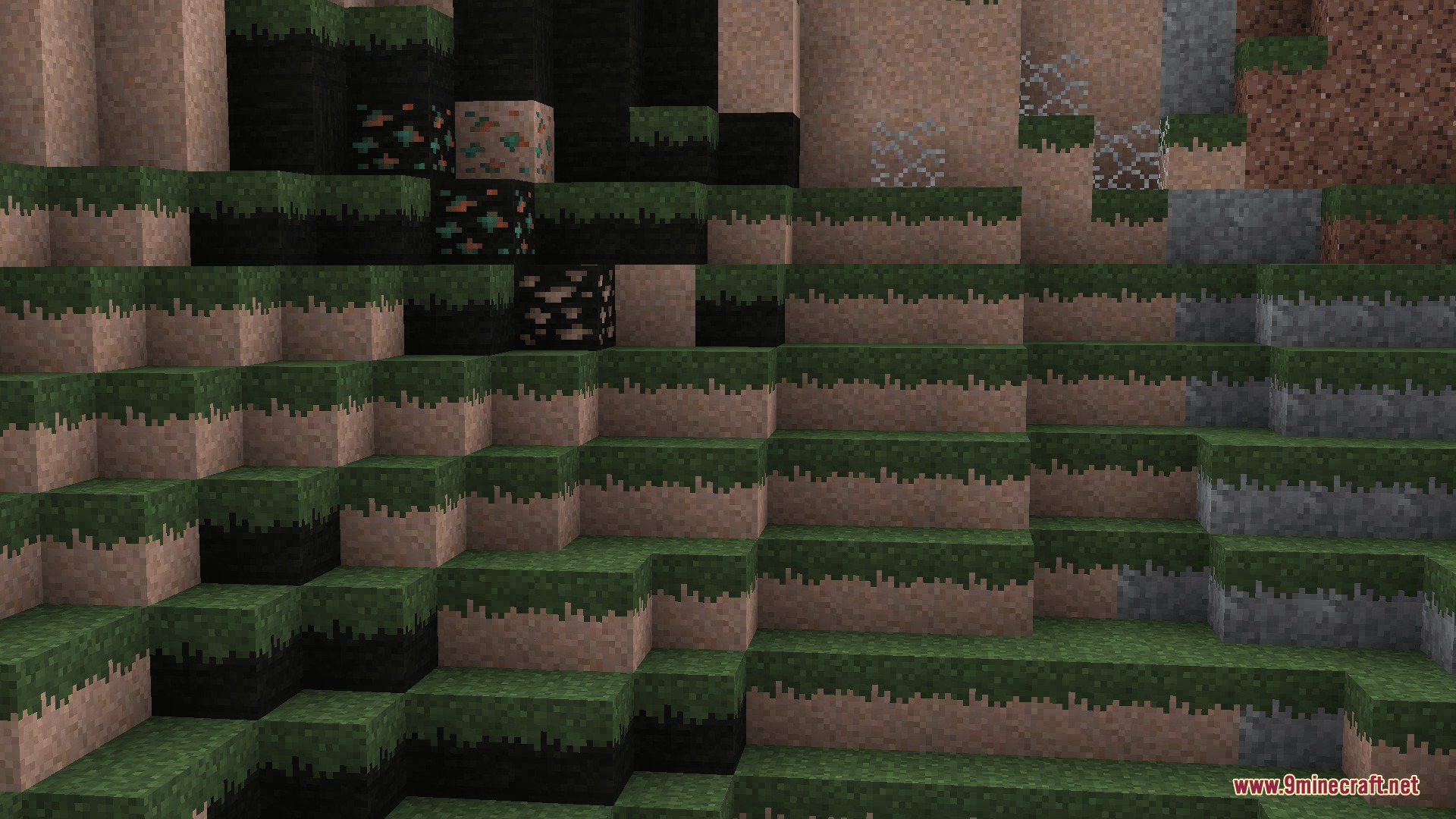 Detailed view of multiple stone types and ores forming realistic geological layers