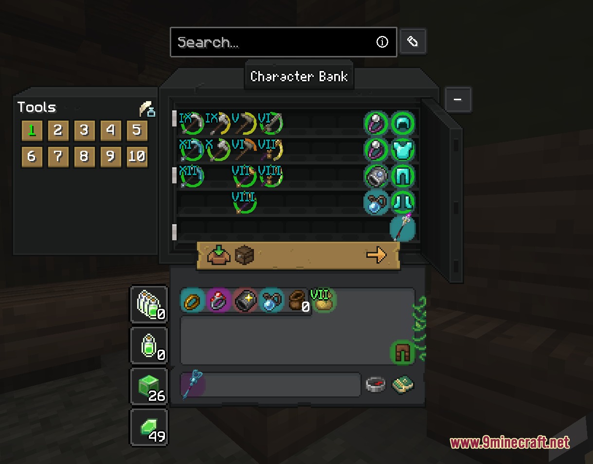 Wynn Edits Dark Theme Wynncraft Resource Pack Screenshot 1 Dark themed character bank interface displaying various items and tools