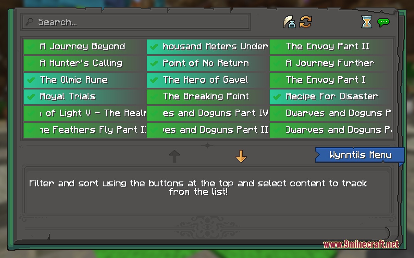 Wynn Edits Dark Theme Wynncraft Resource Pack Screenshot 2 Content book menu with a dark theme listing various available game quests
