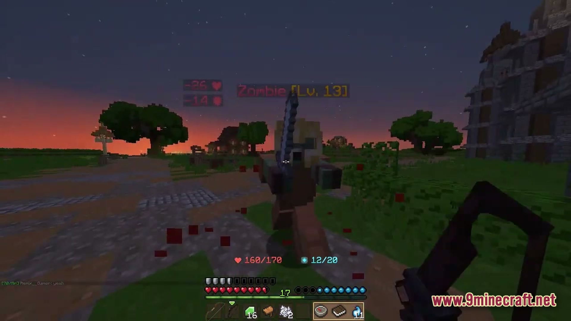 Wynnbound Essentials Modpack Screenshot 2 A player engages a level thirteen zombie at sunset using a custom RPG-style user interface