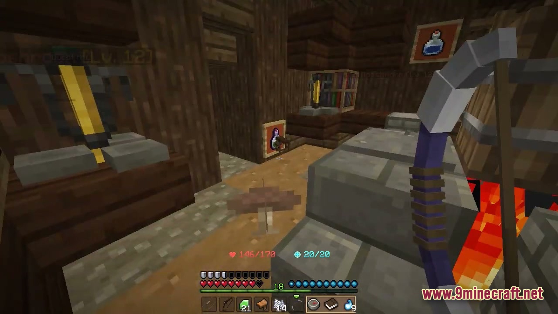 Wynnbound Essentials Modpack Screenshot 4 A first-person view of a wooden interior featuring brewing stands, potions, and a custom bow
