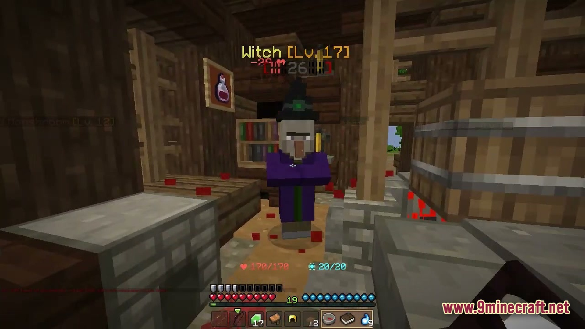 Wynnbound Essentials Modpack Screenshot 6 A level seventeen witch mob stands inside a wooden structure with a custom RPG user interface