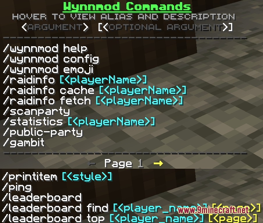 Wynnmod Mod Screenshot 1 A list of custom commands for the Wynnmod mod in Minecraft