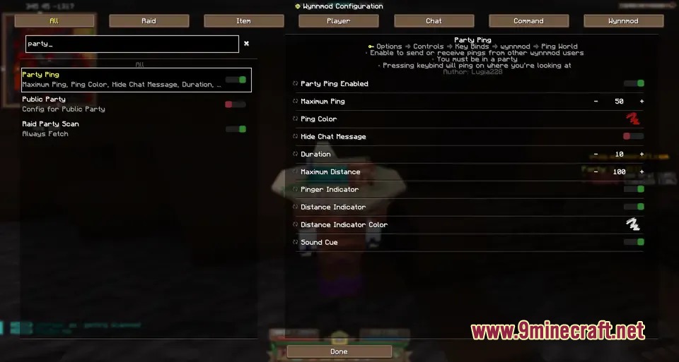 Wynnmod Mod Screenshot 2 Minecraft configuration menu for adjusting party ping and communication settings