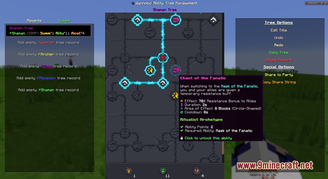 Wynnmod Mod Screenshot 3 Wynnmod interface for managing Shaman ability tree with detailed skill tooltips and options