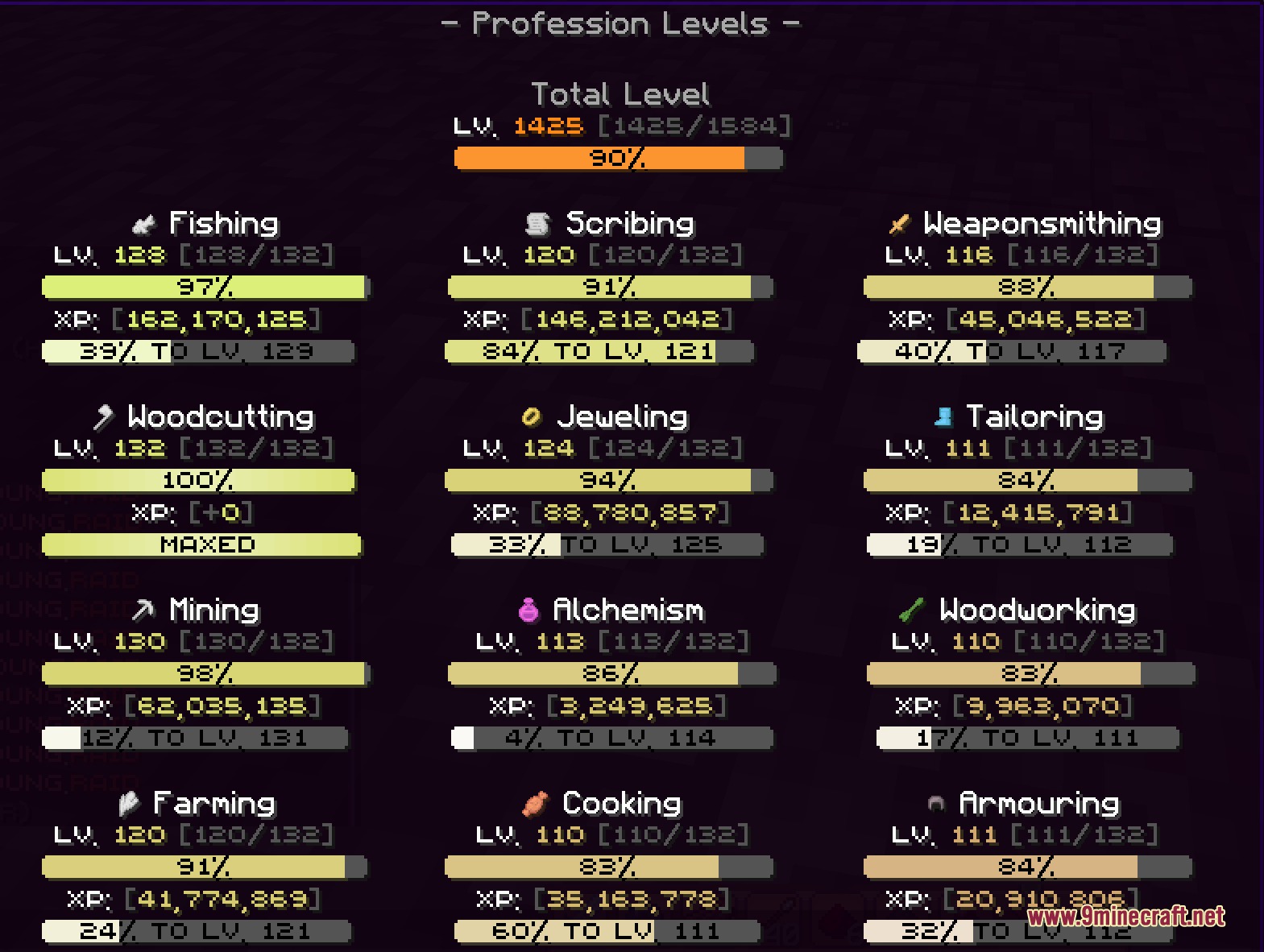 Wynnmod Mod Screenshot 7 Minecraft menu showing profession levels and experience progress bars for various skills
