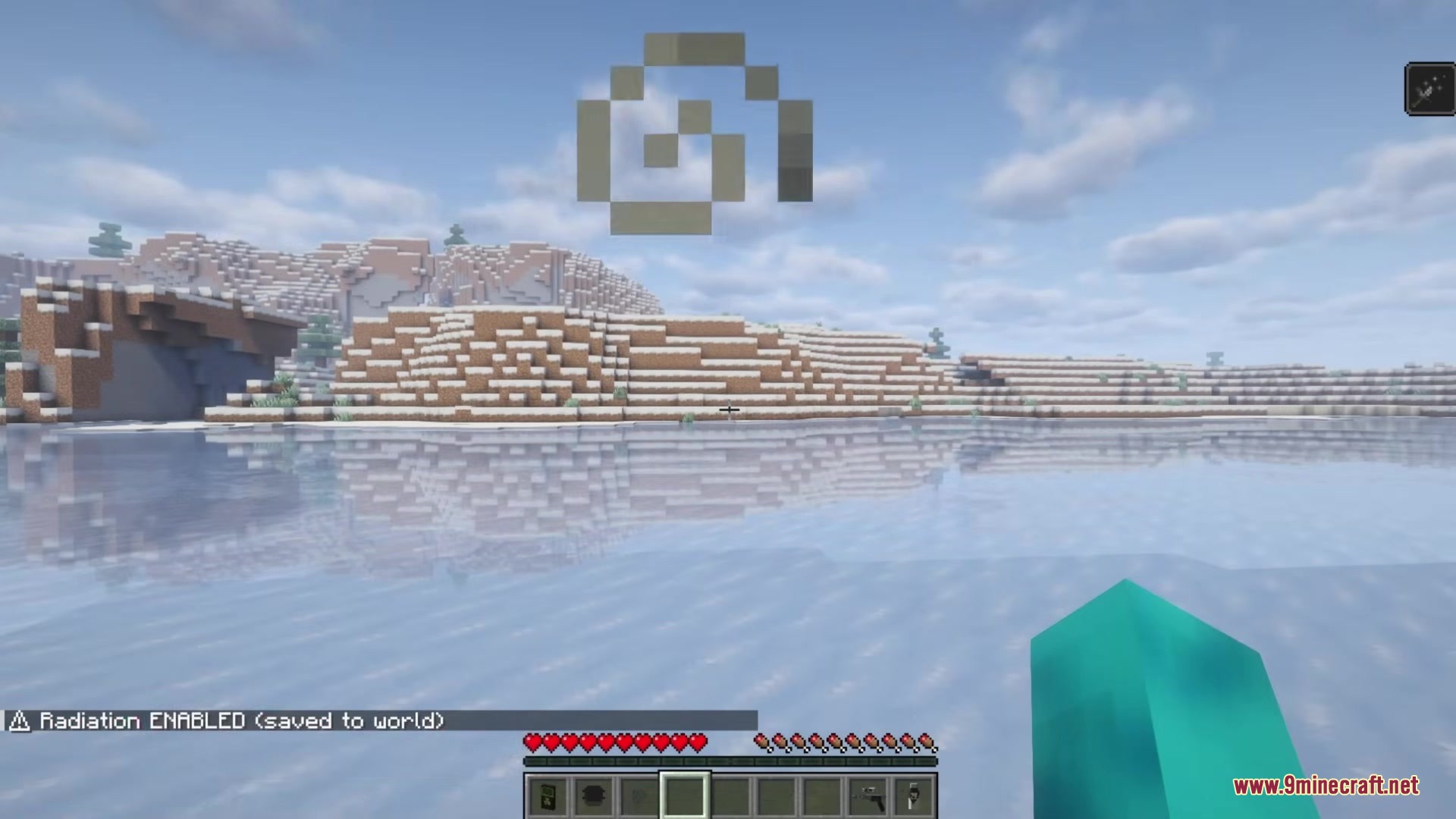 Snowy Minecraft world with a radiation symbol in the sky and chat notification