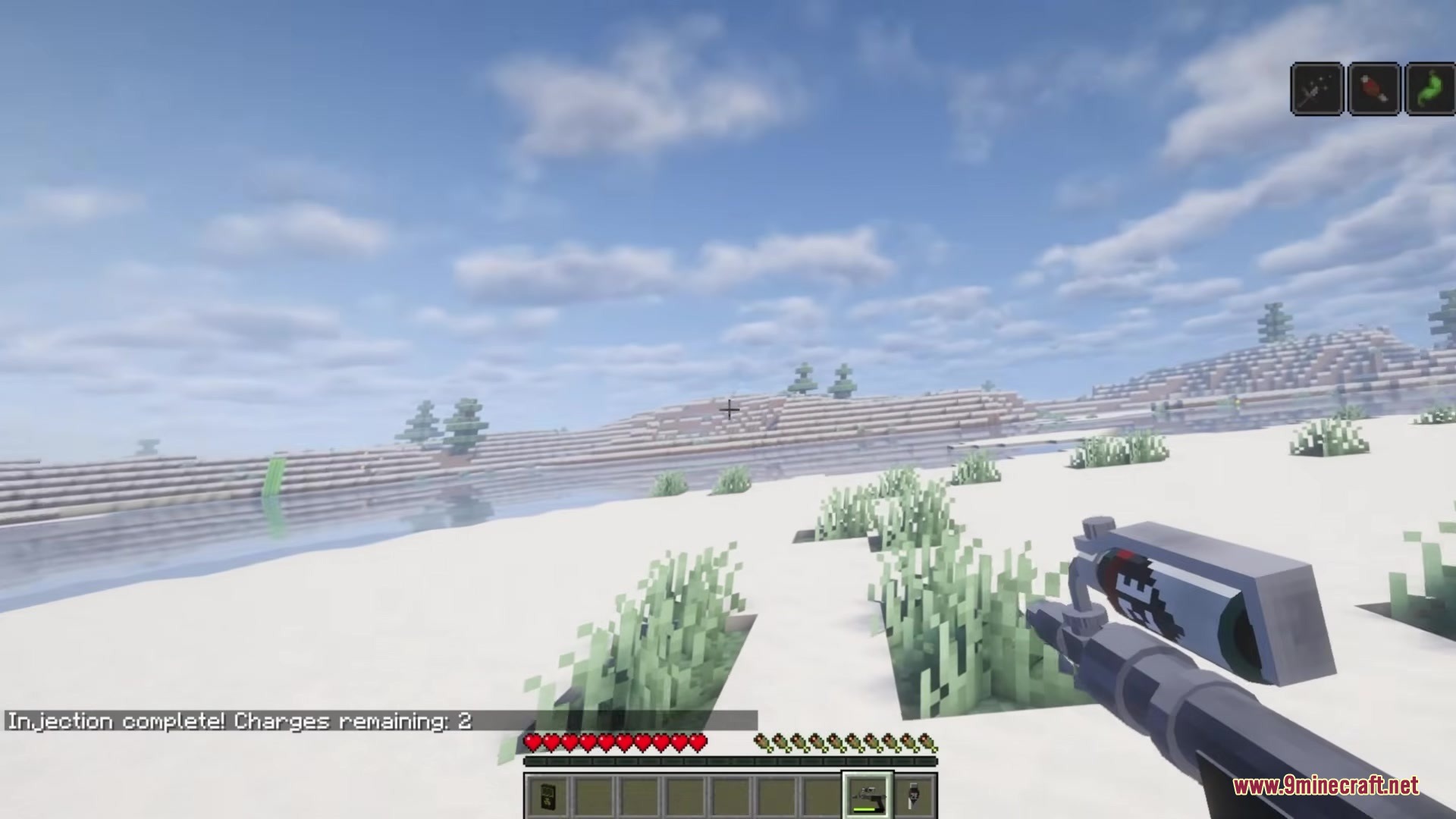 Using a medical injector to recover health while exploring a radioactive snowy biome