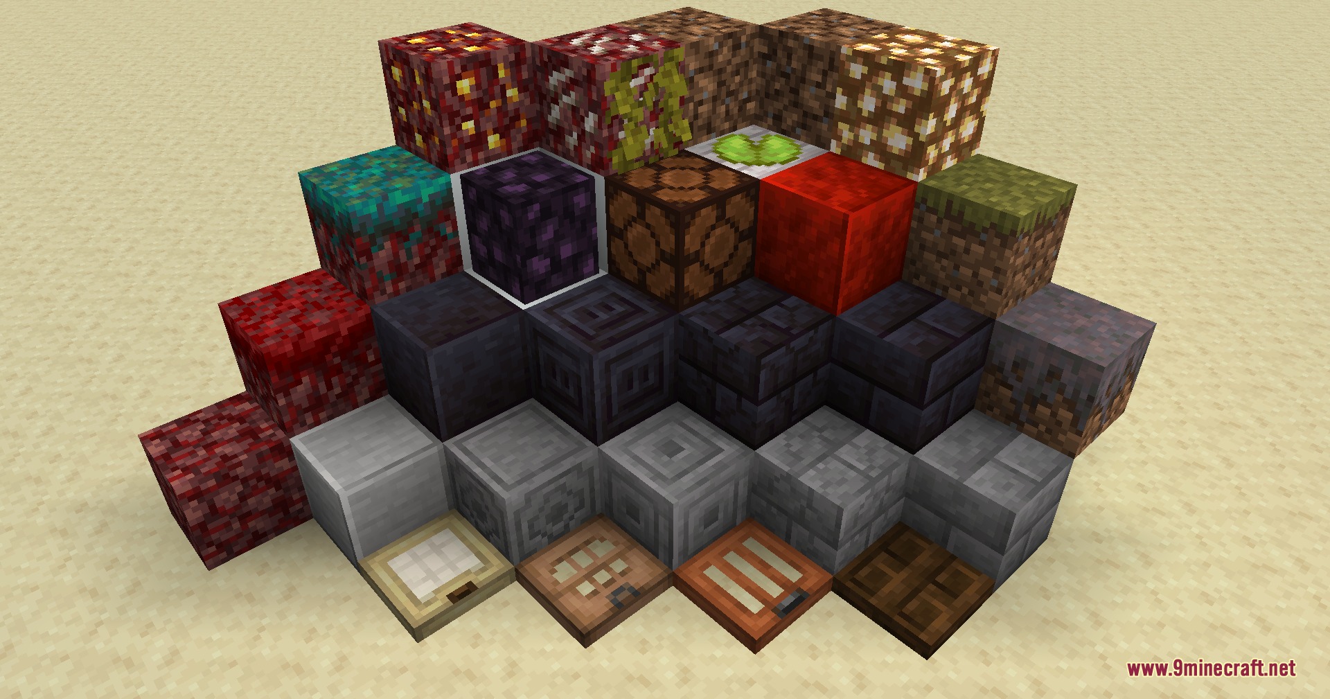 XR's Tiny Edits Resource Pack Screenshot 2 Different Minecraft blocks with updated textures stacked together in a desert biome